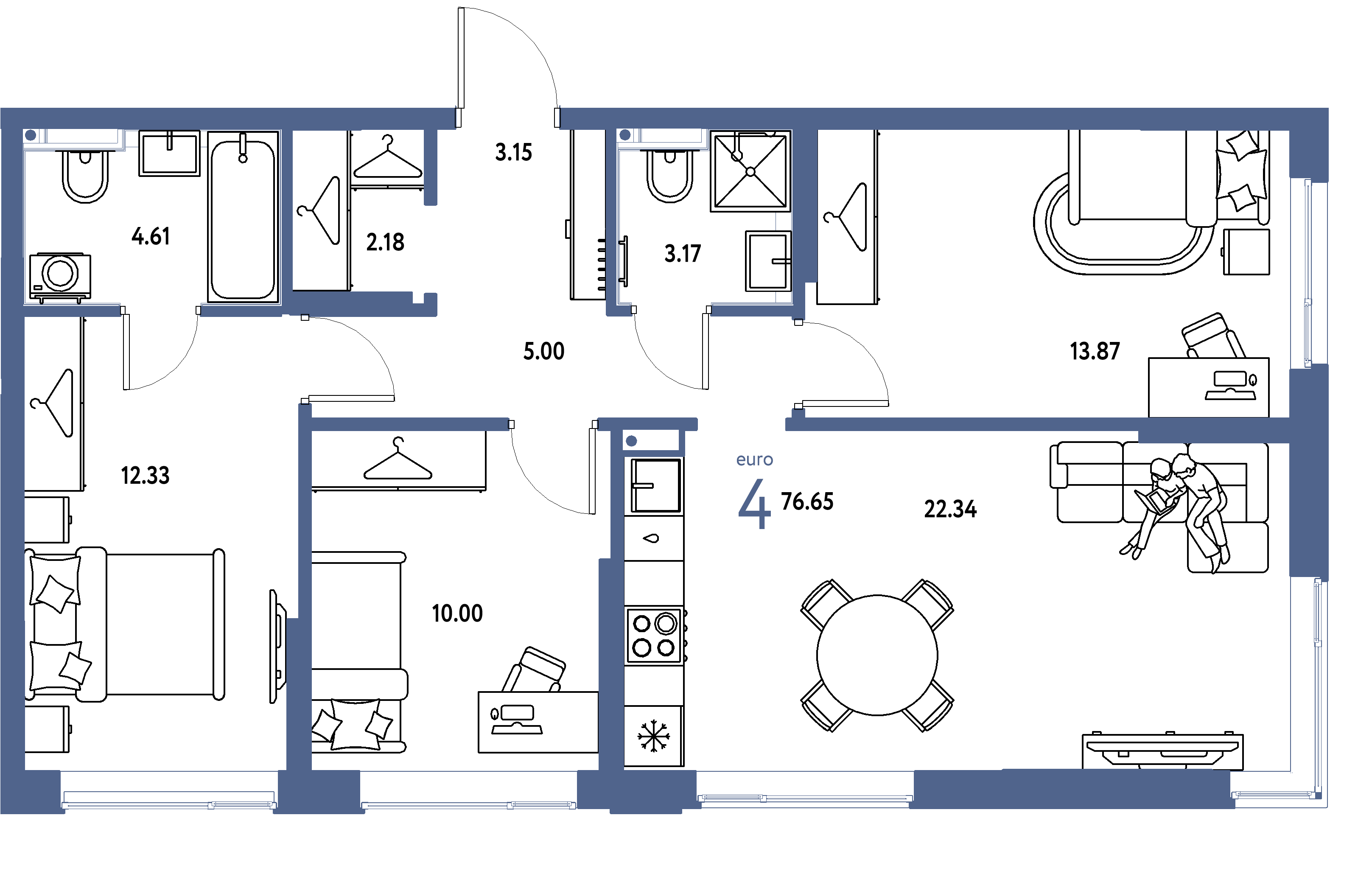 Планировка: Евро-4 76,65 м² в ЖК «Страна.Прибрежная»