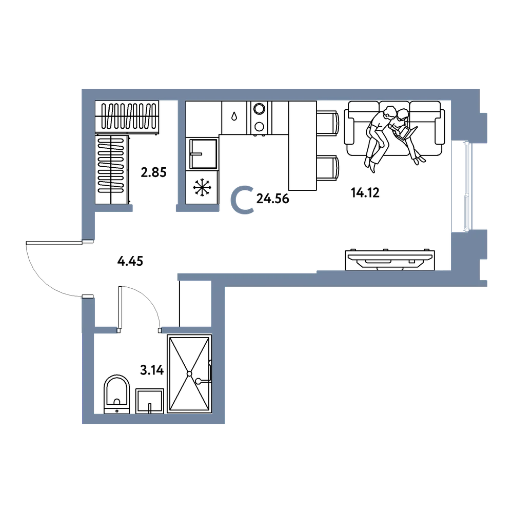 Планировка: Студия 24,56 м²