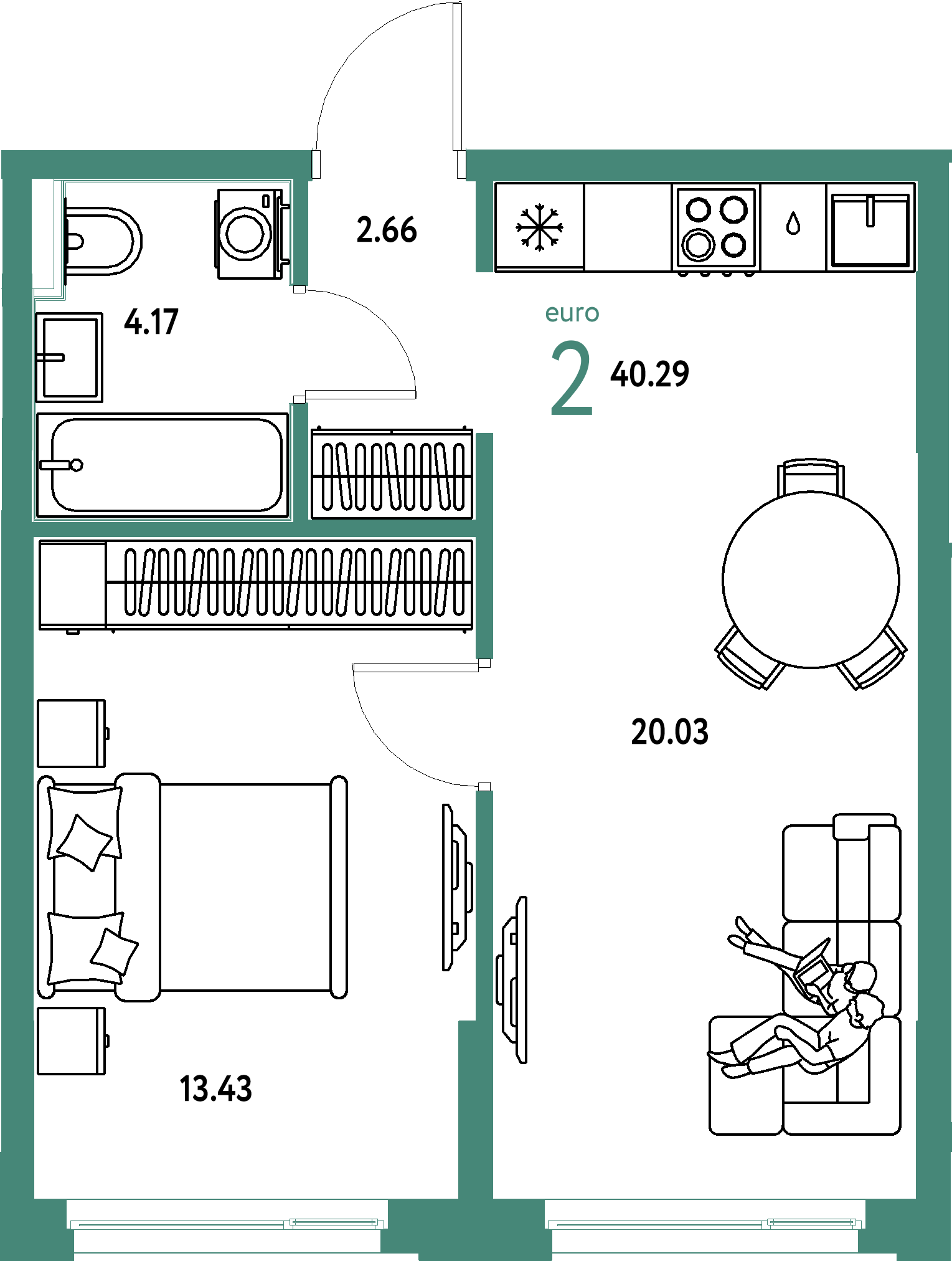 Планировка: Евродвушка 40,29 м² в ЖК «Домашний»