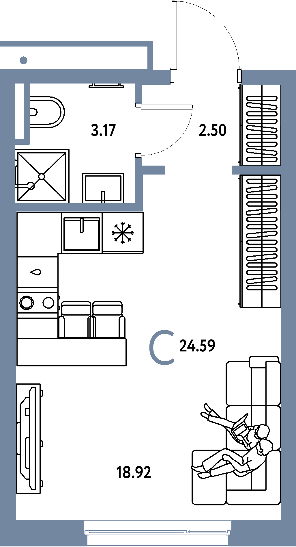 Планировка: Студия 24,59 м² в ЖК «Страна.Прибрежная»