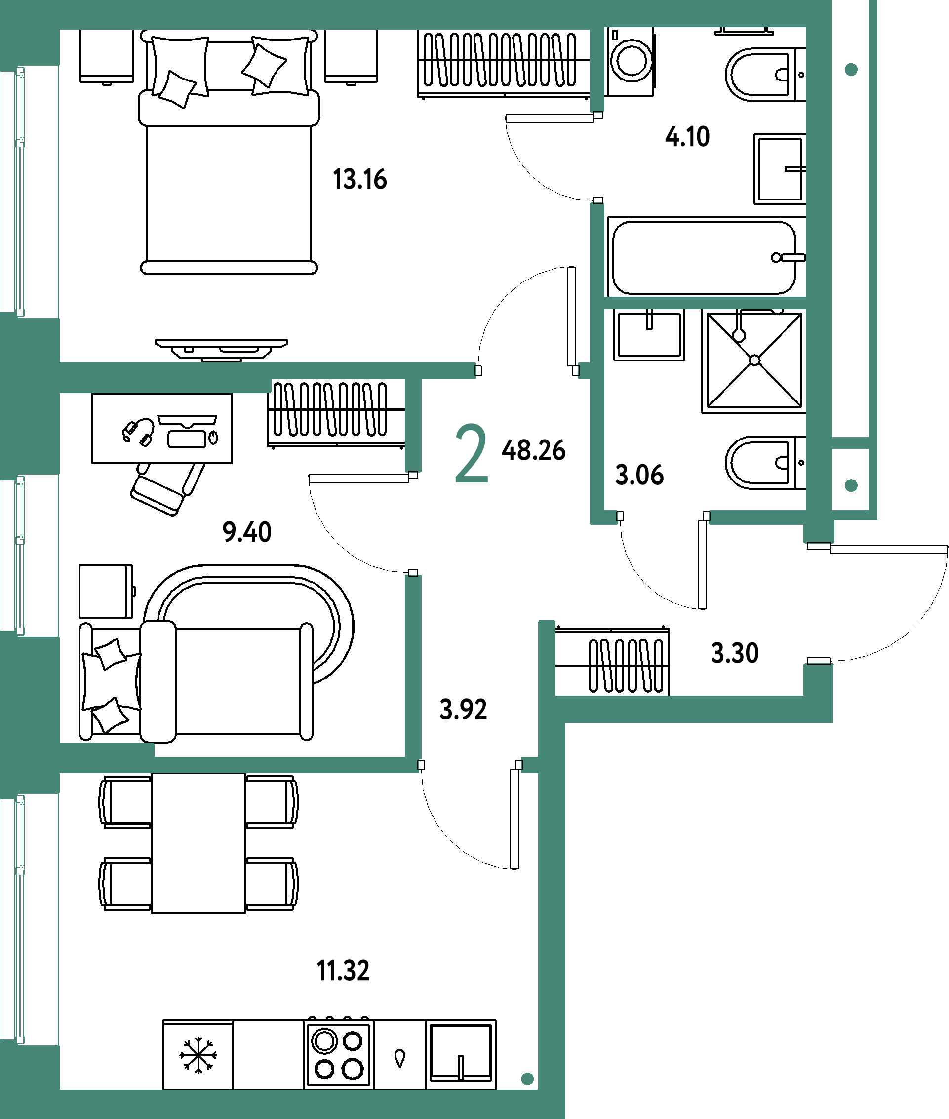 Планировка: 2-комнатная 48,26 м² в ЖК «Домашний»