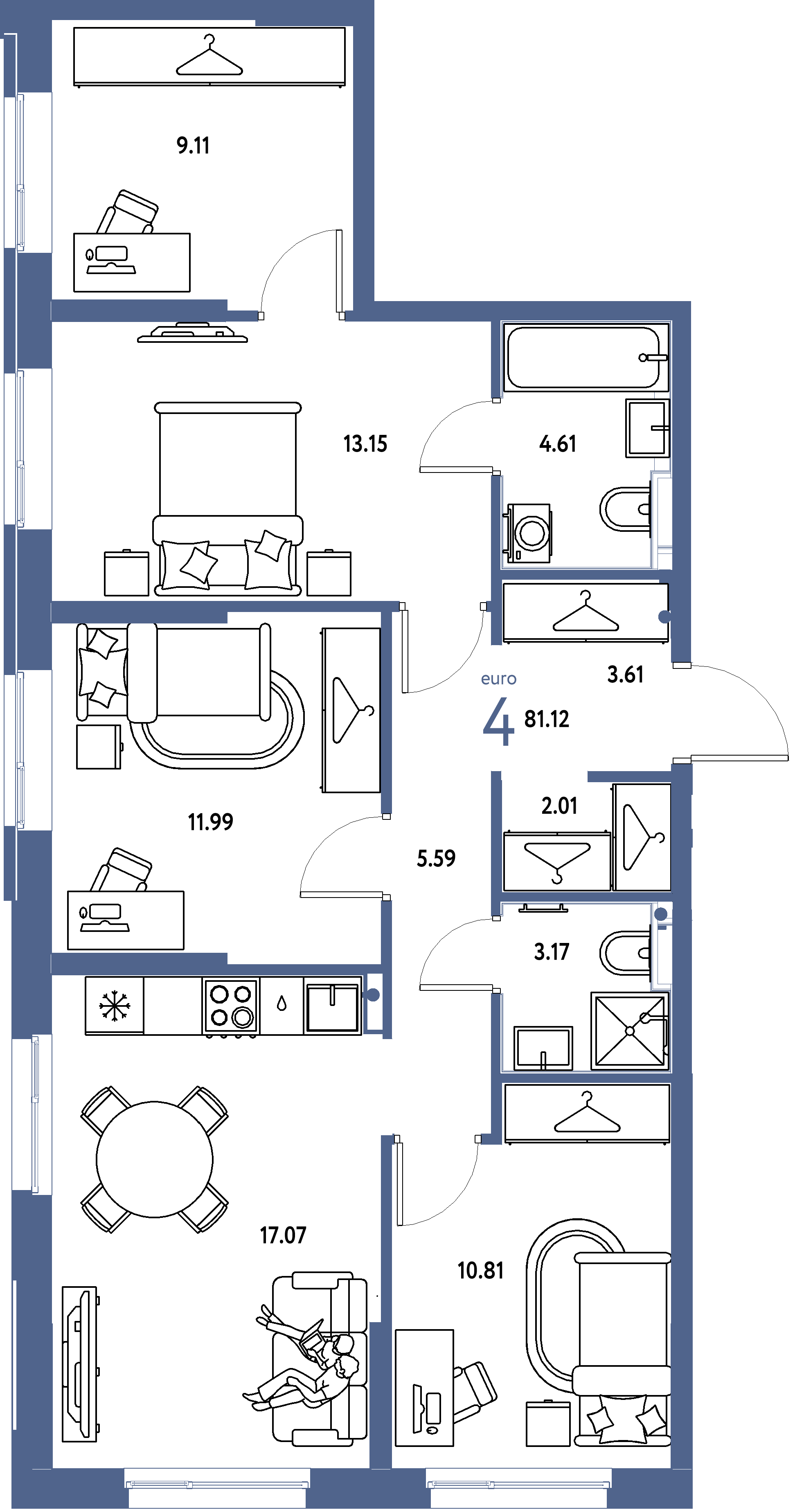 Планировка: Евро-4 81,12 м² в ЖК «Европейский берег 2.0»