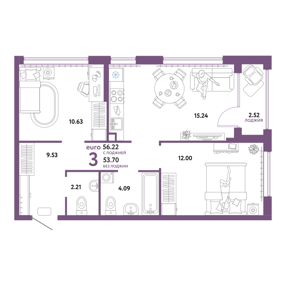 Планировка: Евротрёшка 56,21 м²