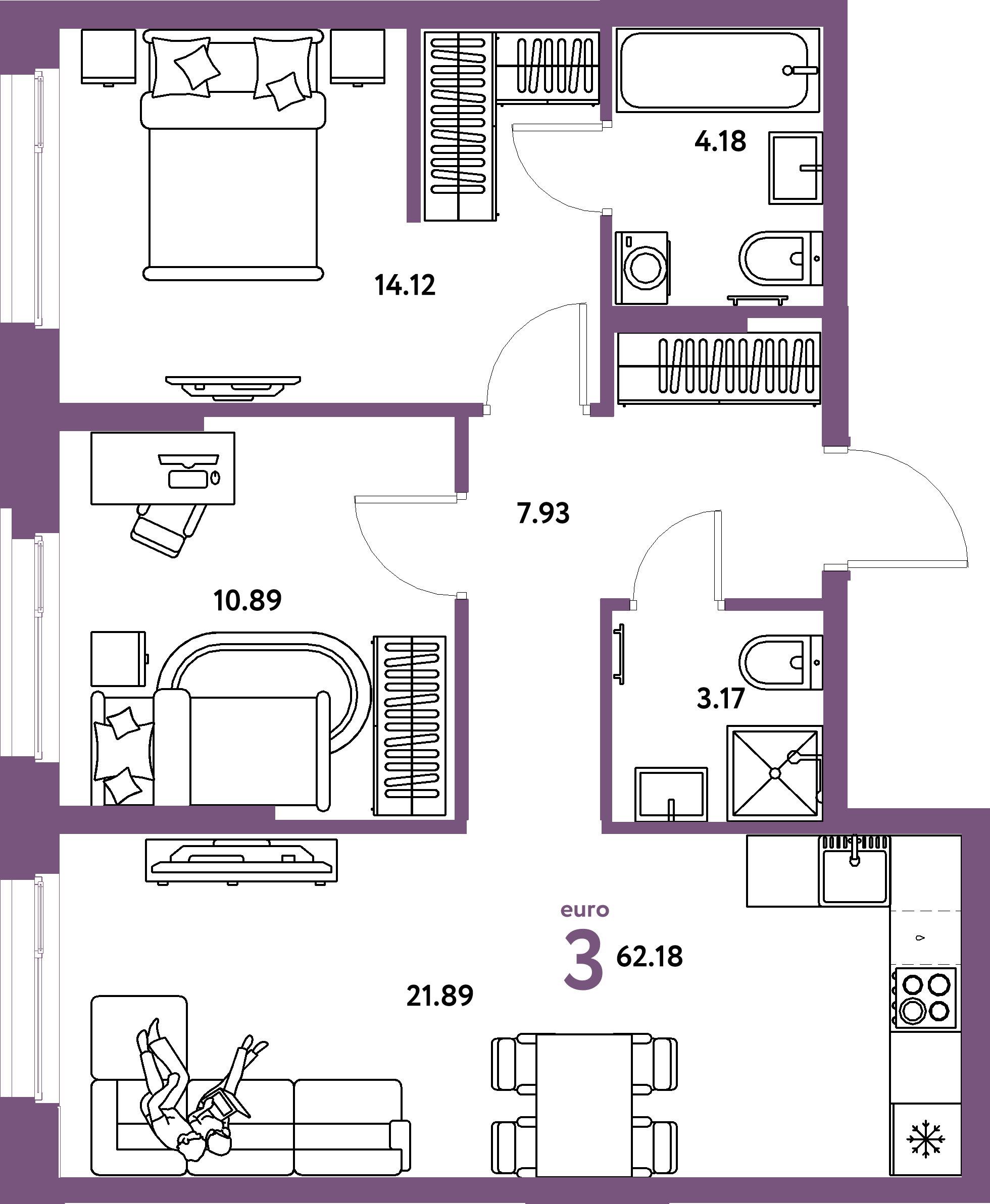 Планировка: Евротрёшка 62,18 м² в ЖК «Европейский берег 2.0»
