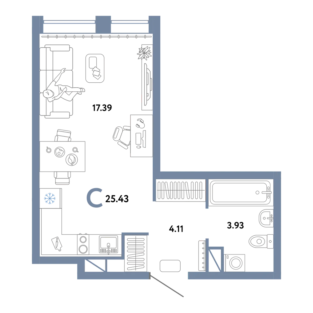 Планировка: Студия 25,43 м²