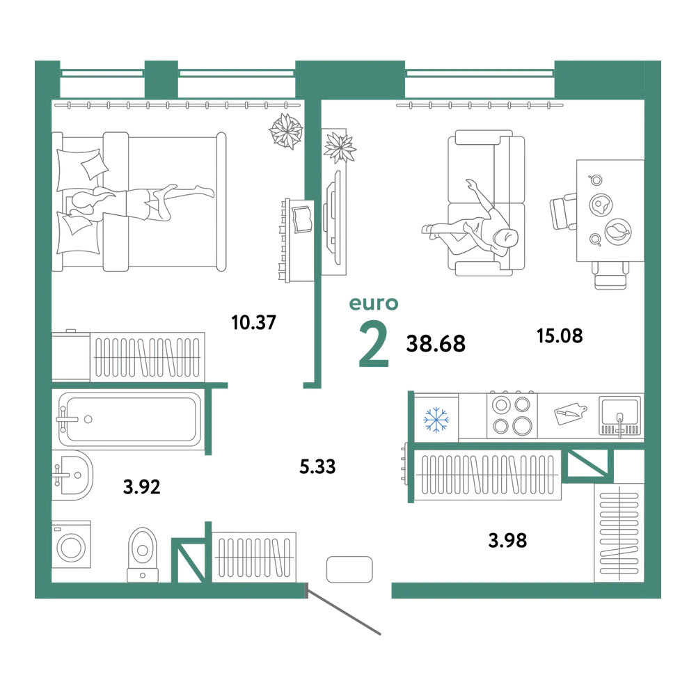 Планировка: Евродвушка 38,68 м²