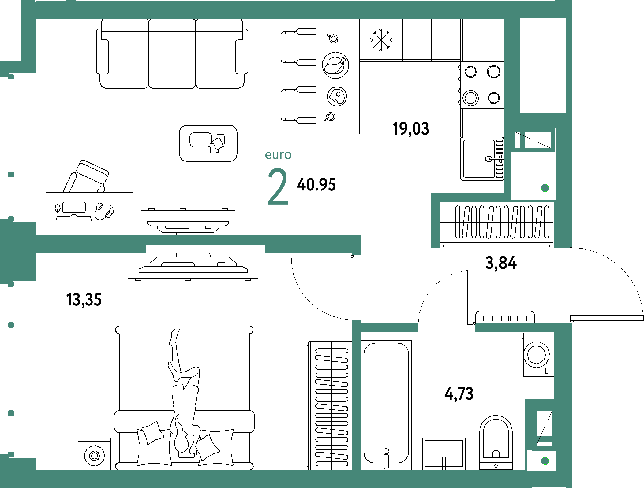 Планировка: Евродвушка 40,95 м² в ЖК «Авторский»