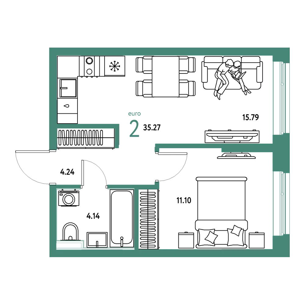 Планировка: Евродвушка 35,27 м²