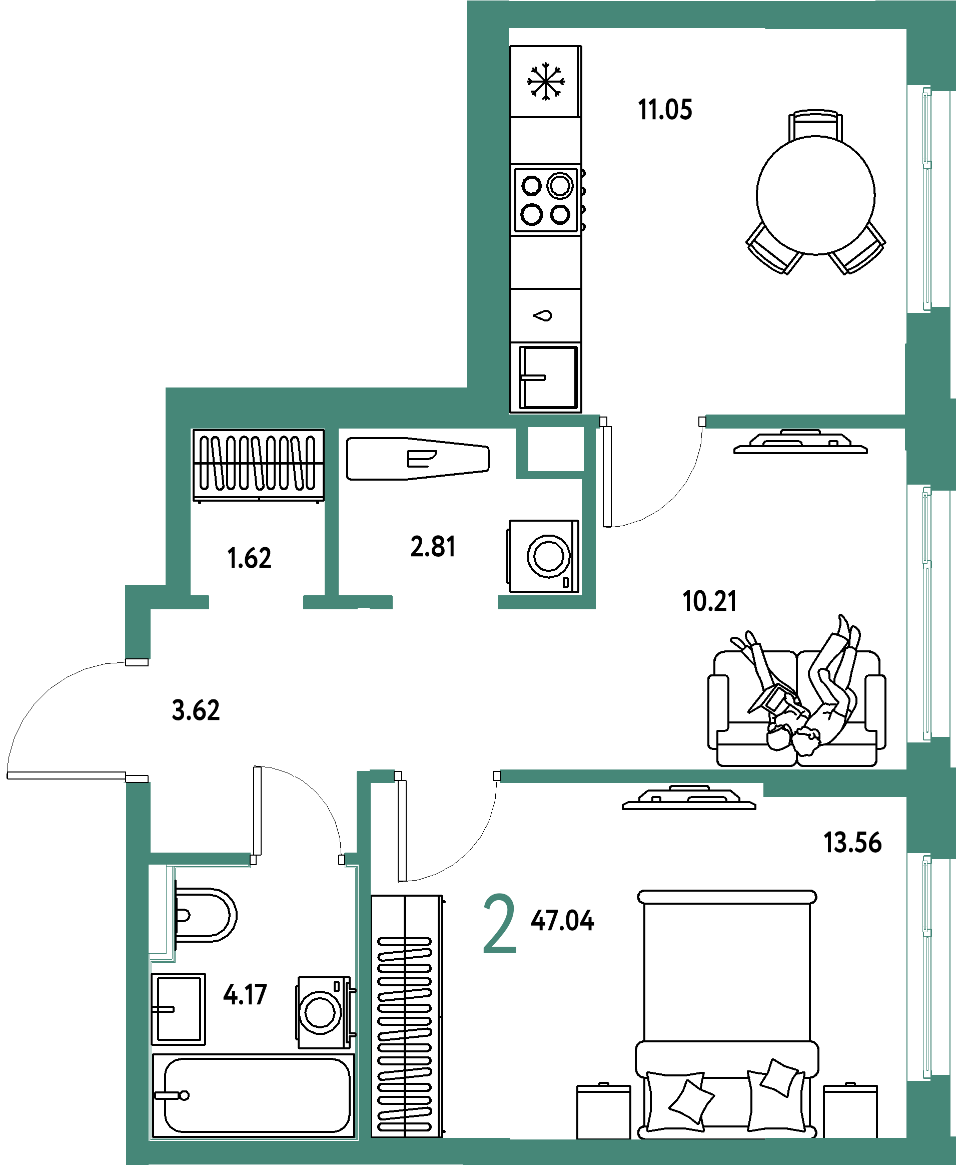 Планировка: 2-комнатная 47,04 м² в ЖК «Сердце Сибири»