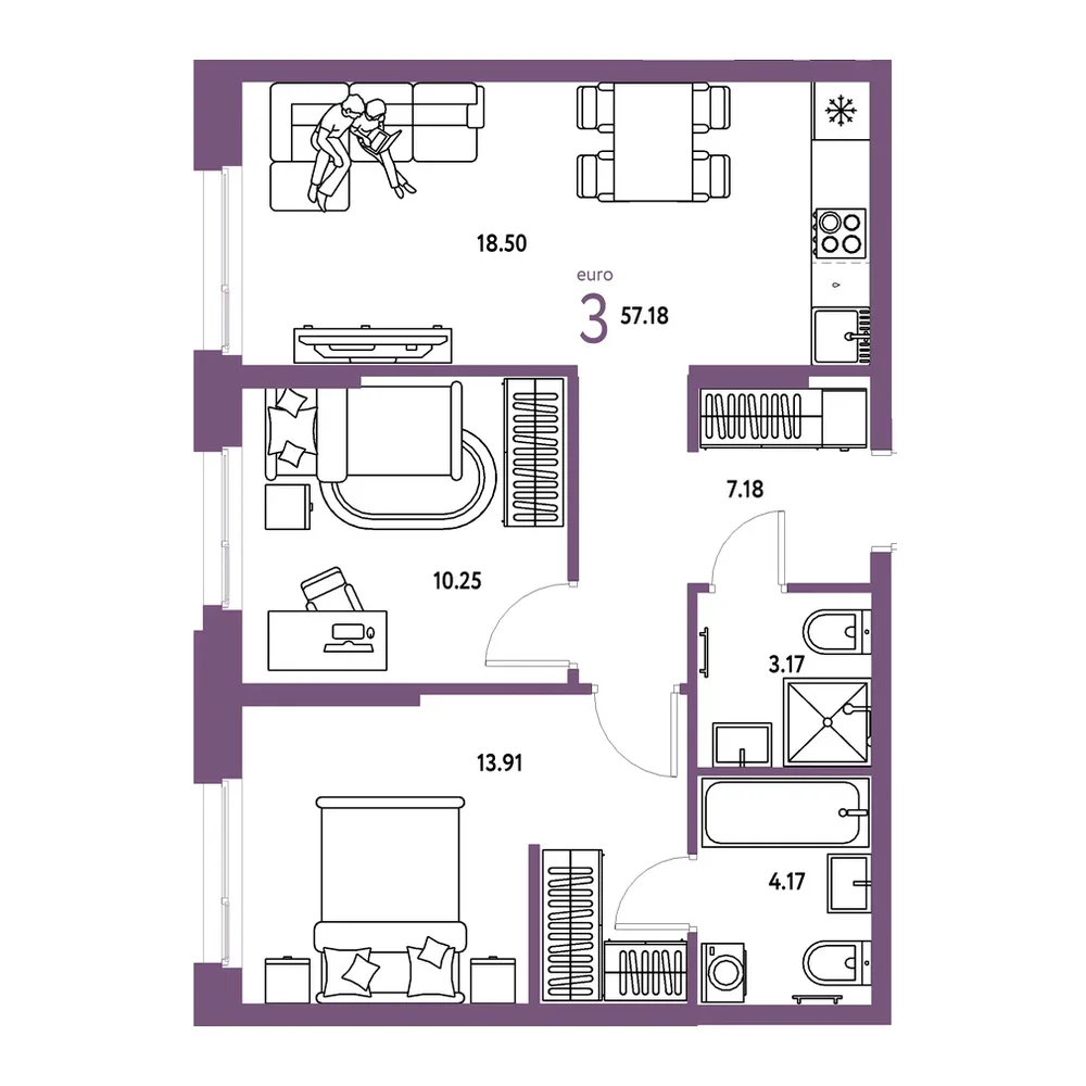 Планировка: Евротрёшка 57,18 м²