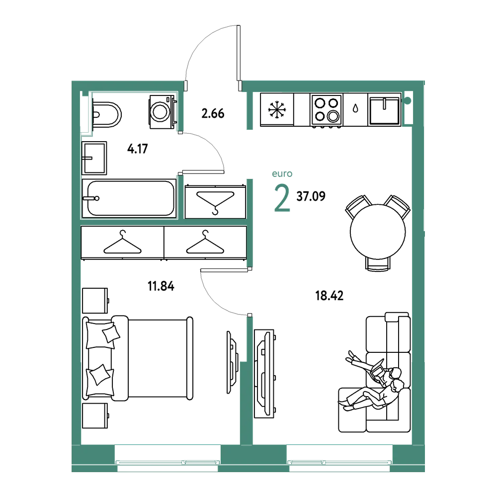 Планировка: Евродвушка 37,09 м²