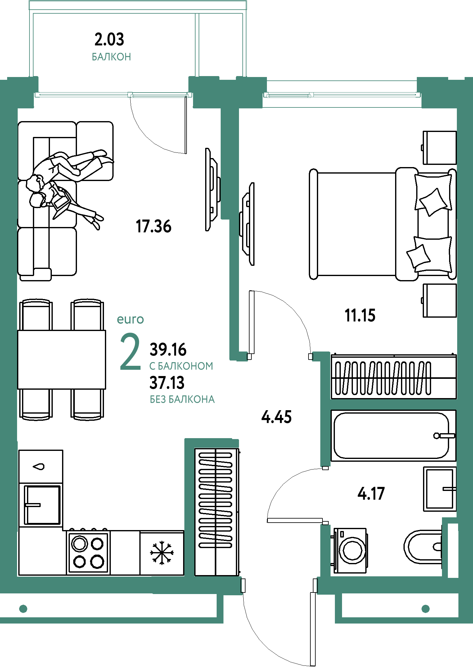 Планировка: Евродвушка 39,16 м² в ЖК «Страна.Прибрежная»