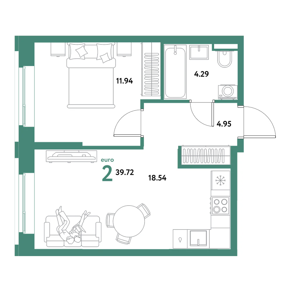 Планировка: Евродвушка 39,72 м²
