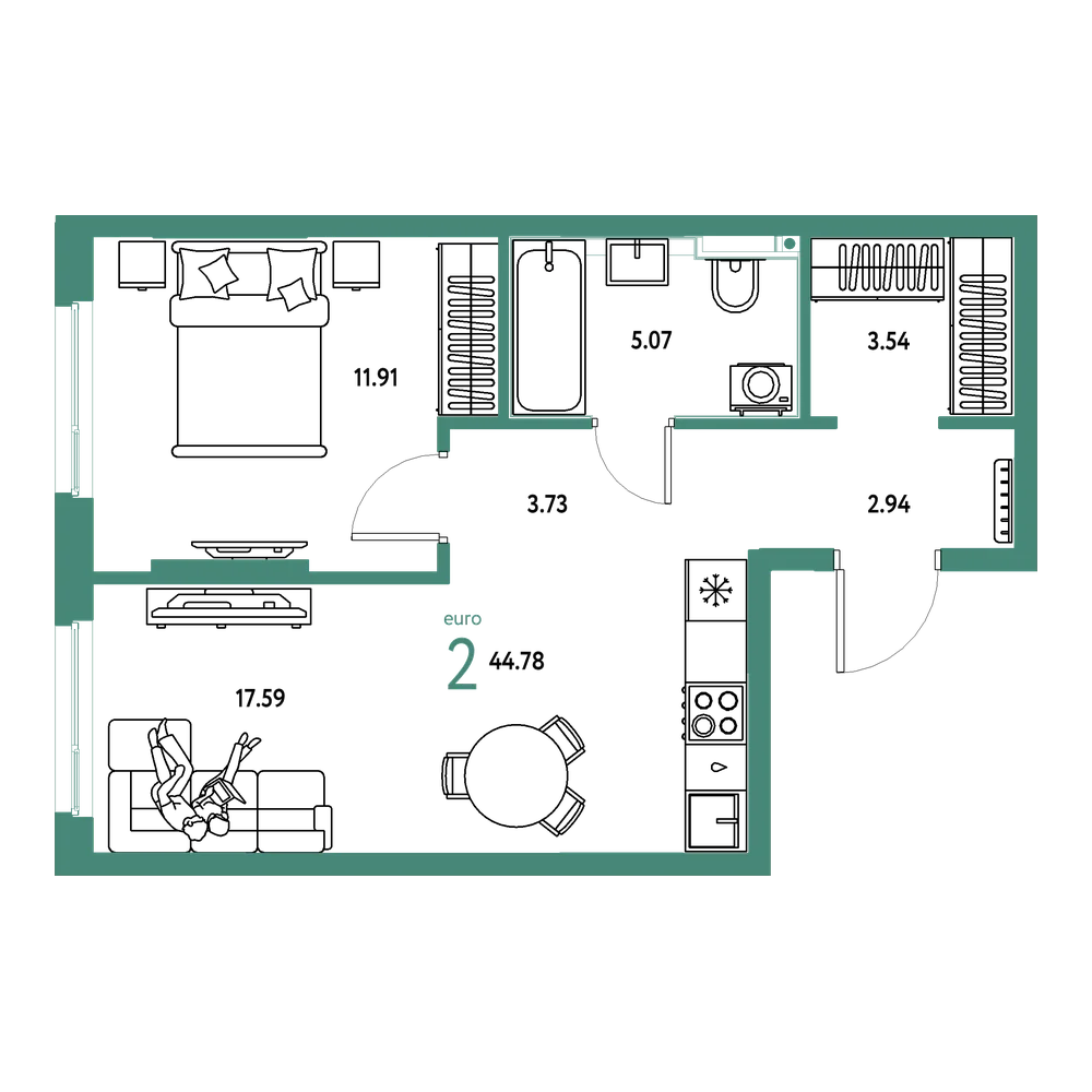 Планировка: Евродвушка 44,78 м²