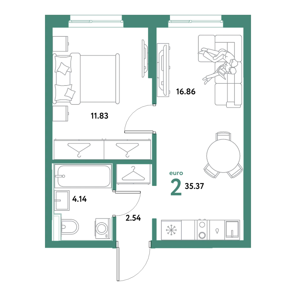 Планировка: Евродвушка 35,37 м²