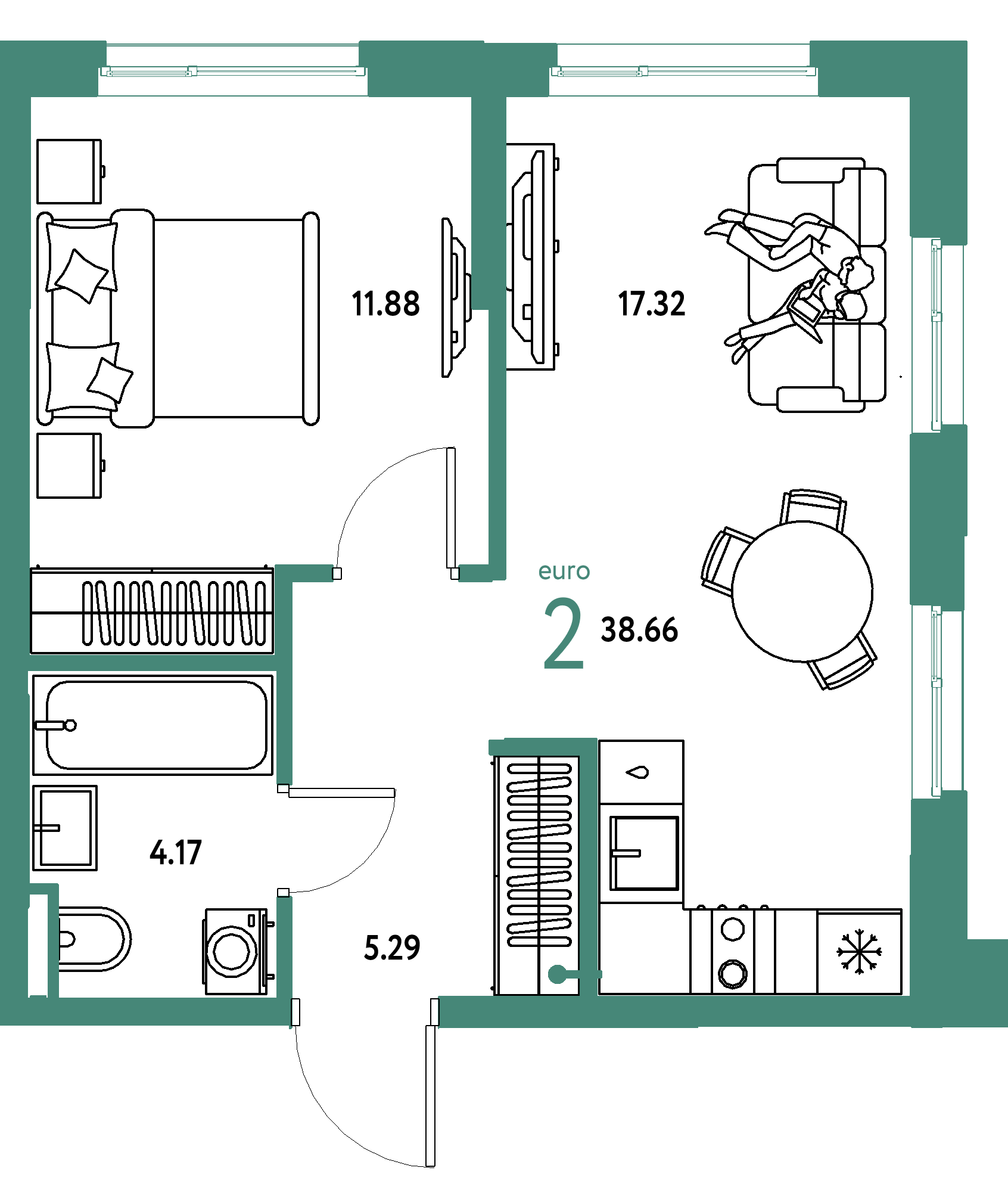 Планировка: Евродвушка 38,66 м² в ЖК «Остров-сад»