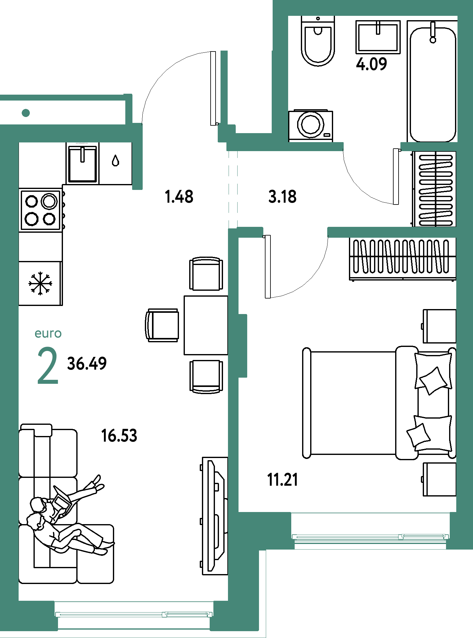 Планировка: Евродвушка 36,49 м² в ЖК «Домашний»