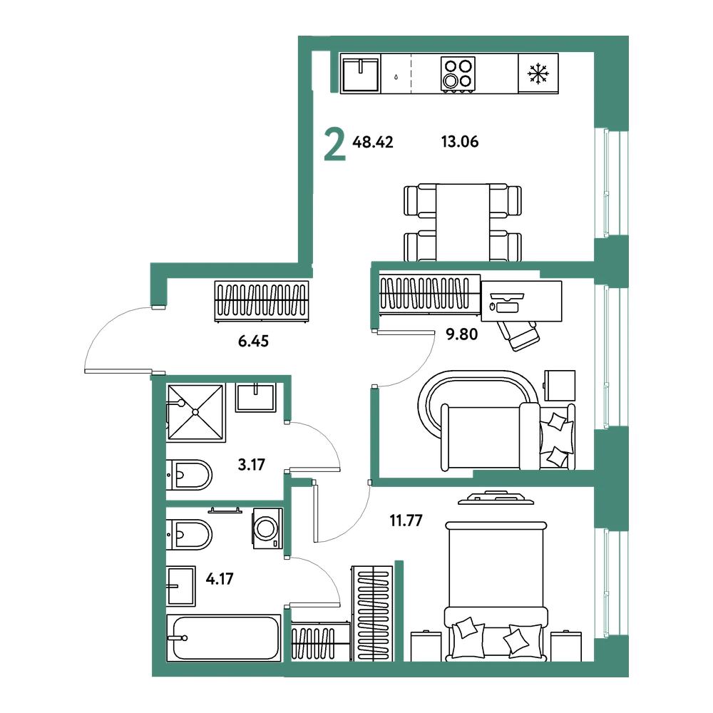 Планировка: 2-комнатная 48,42 м²