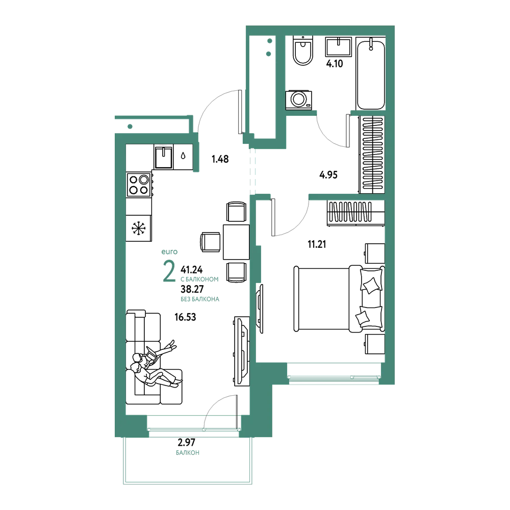 Планировка: Евродвушка 41,24 м²