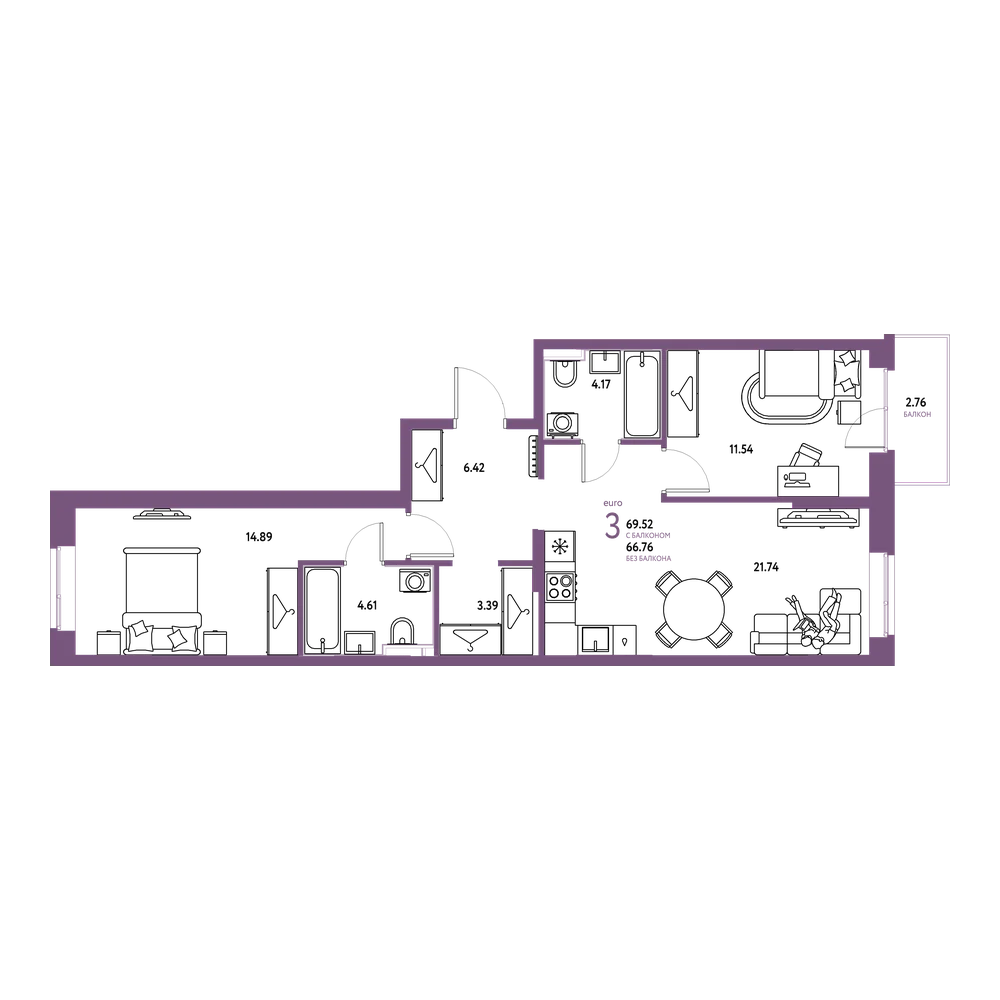 Планировка: Евротрёшка 69,52 м²