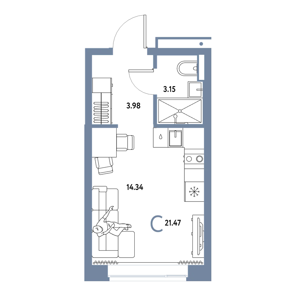 Планировка: Студия 21,47 м²