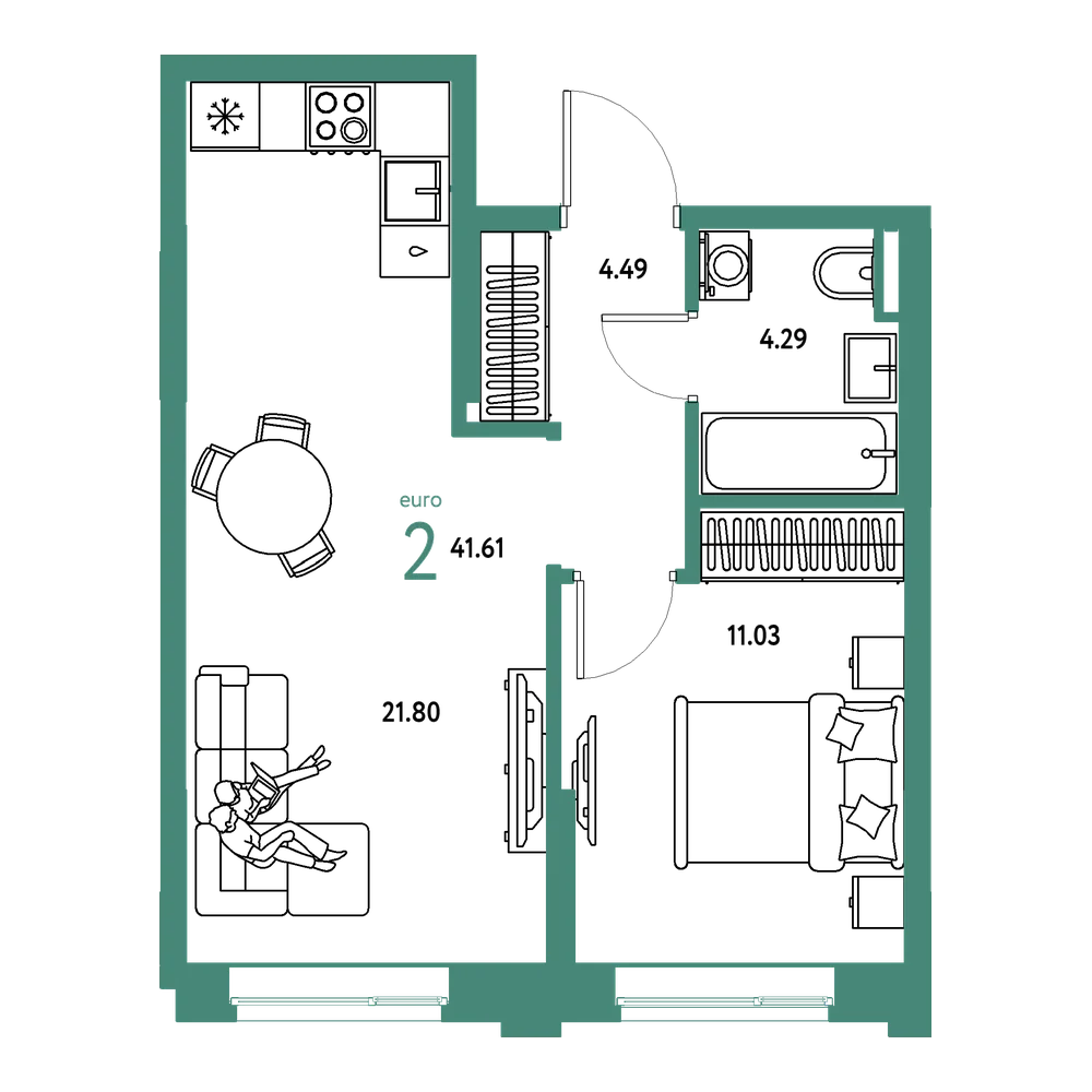 Планировка: Евродвушка 41,61 м²