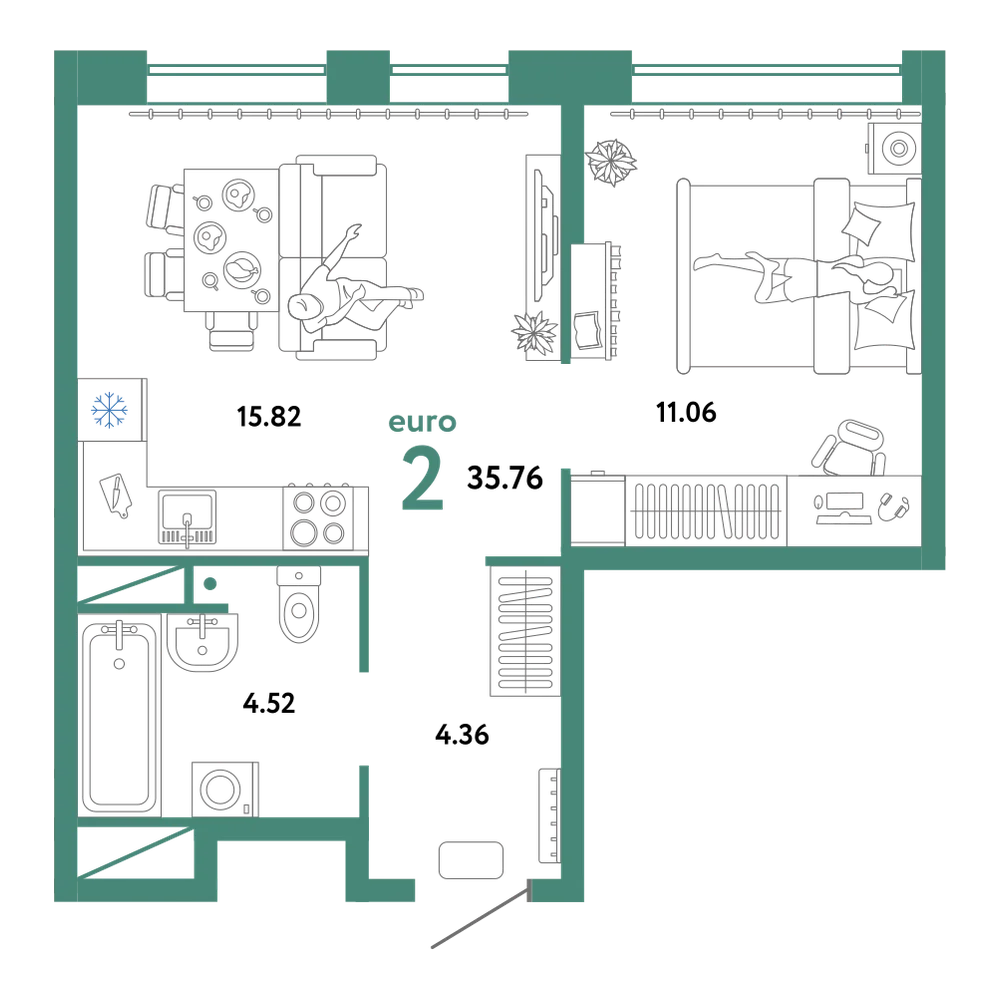 Планировка: Евродвушка 35,76 м²