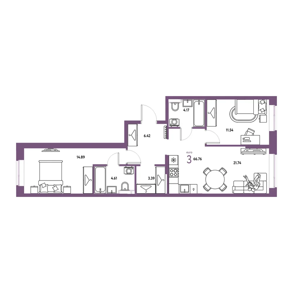 Планировка: 3-комнатная 66,76 м²