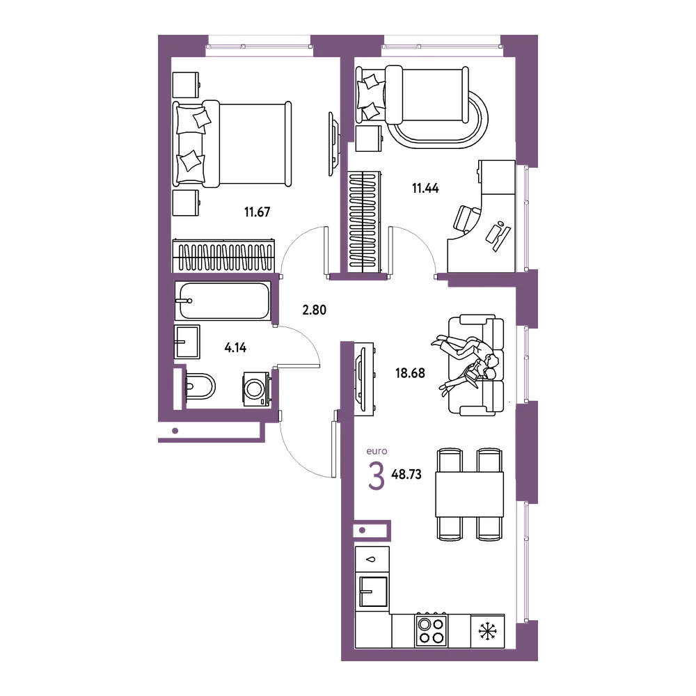 Планировка: Евротрёшка 48,73 м²