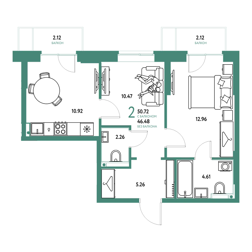 Планировка: 2-комнатная 50,72 м²