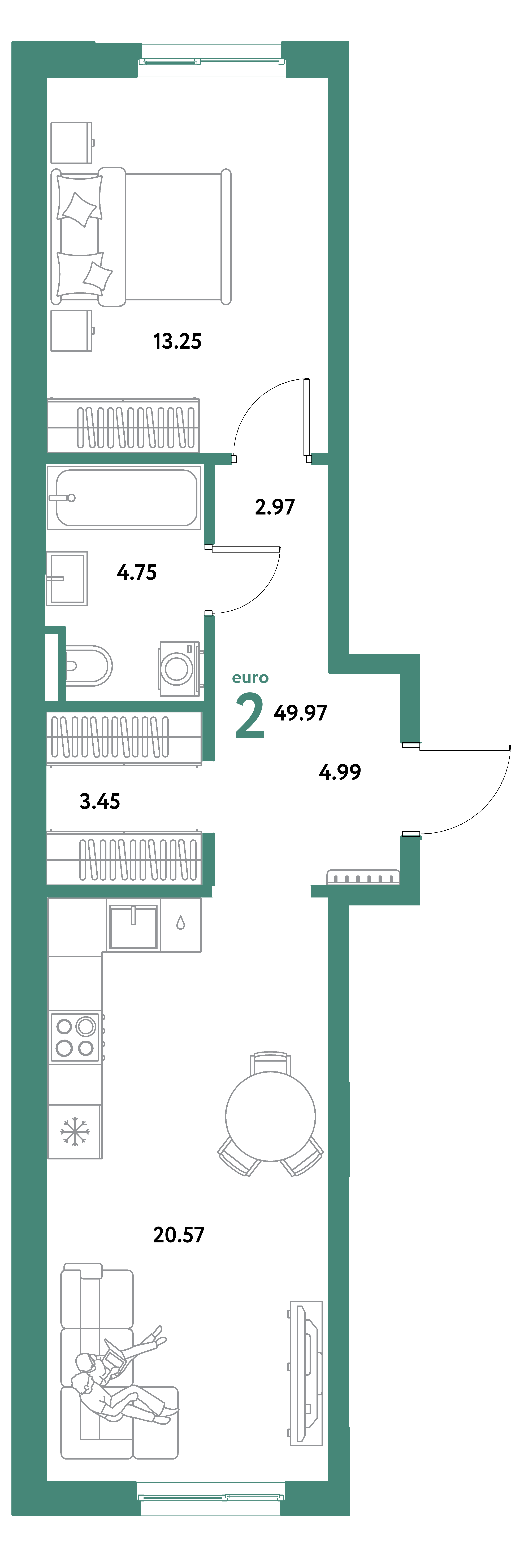Планировка: Евродвушка 49,97 м² в ЖК «Остров-сад»