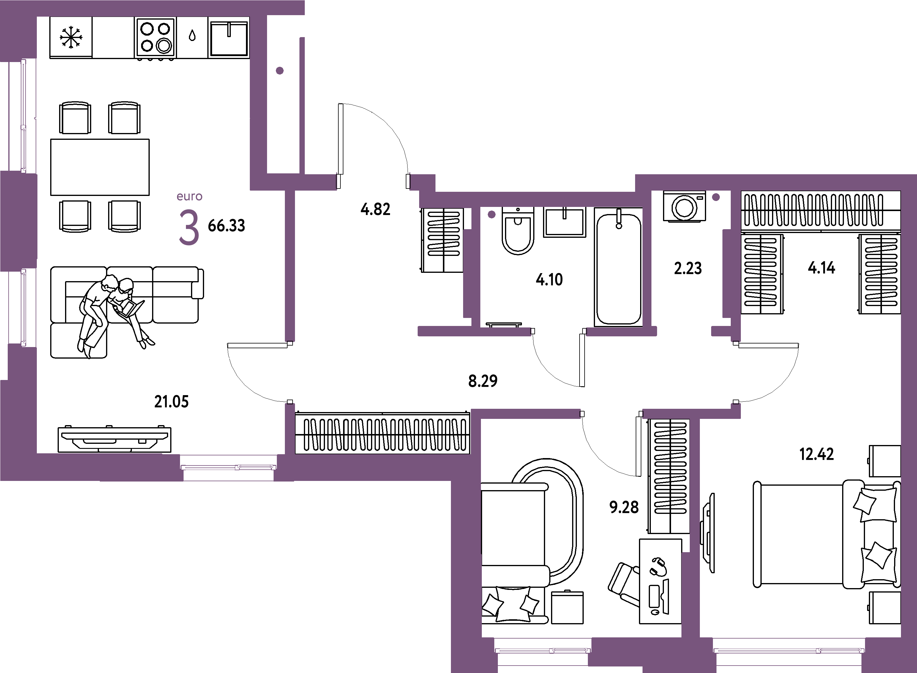 Планировка: Евротрёшка 66,33 м² в ЖК «Домашний»