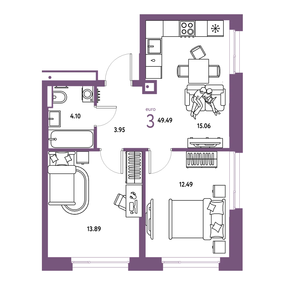 Планировка: Евротрёшка 49,49 м²