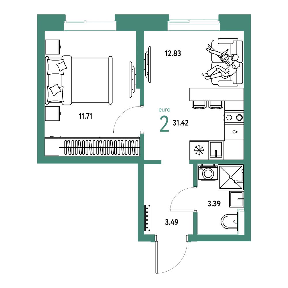 Планировка: Евродвушка 31,42 м²