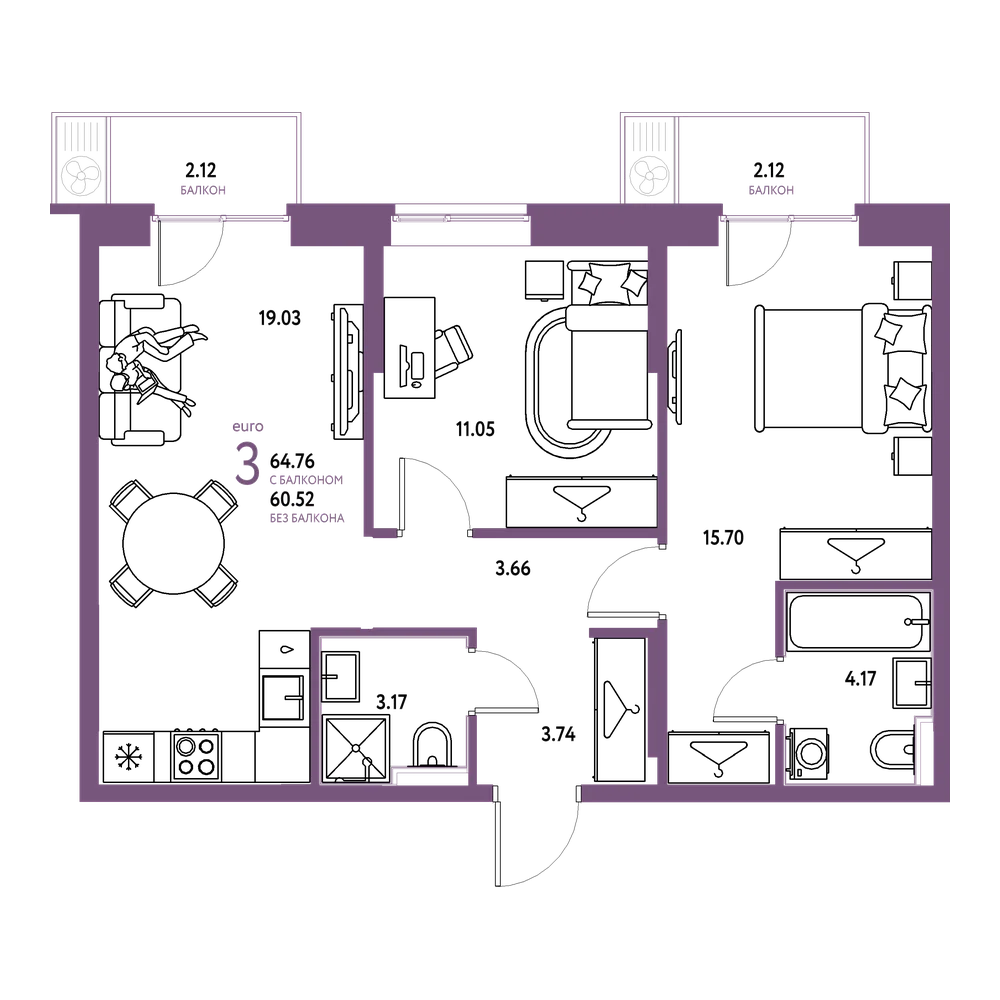 Планировка: Евротрёшка 64,76 м²