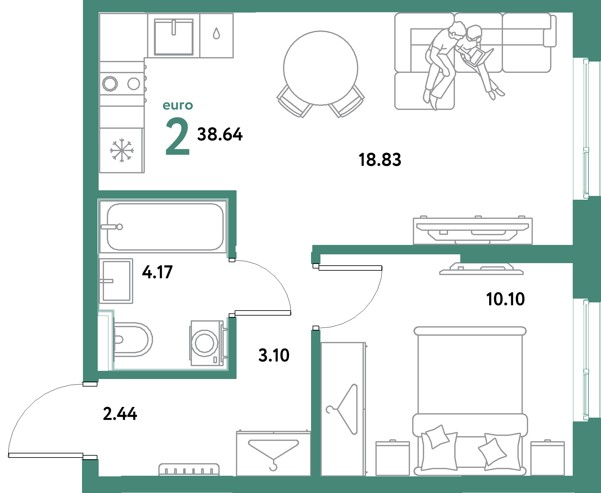 Планировка: Евродвушка 38,64 м² в ЖК «Остров-сад»