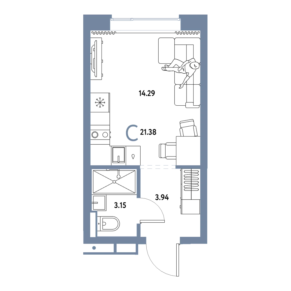 Планировка: Студия 21,38 м²