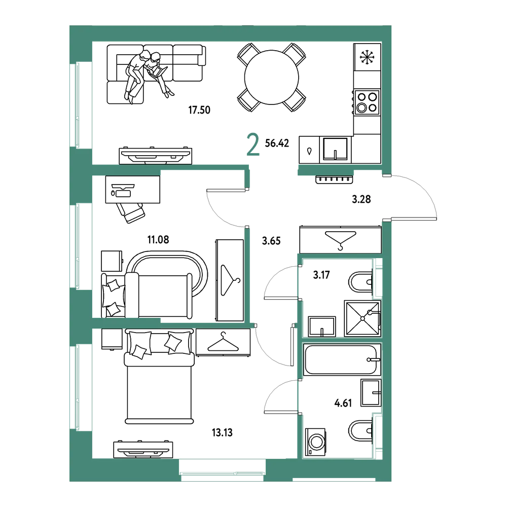 Планировка: 2-комнатная 56,42 м²