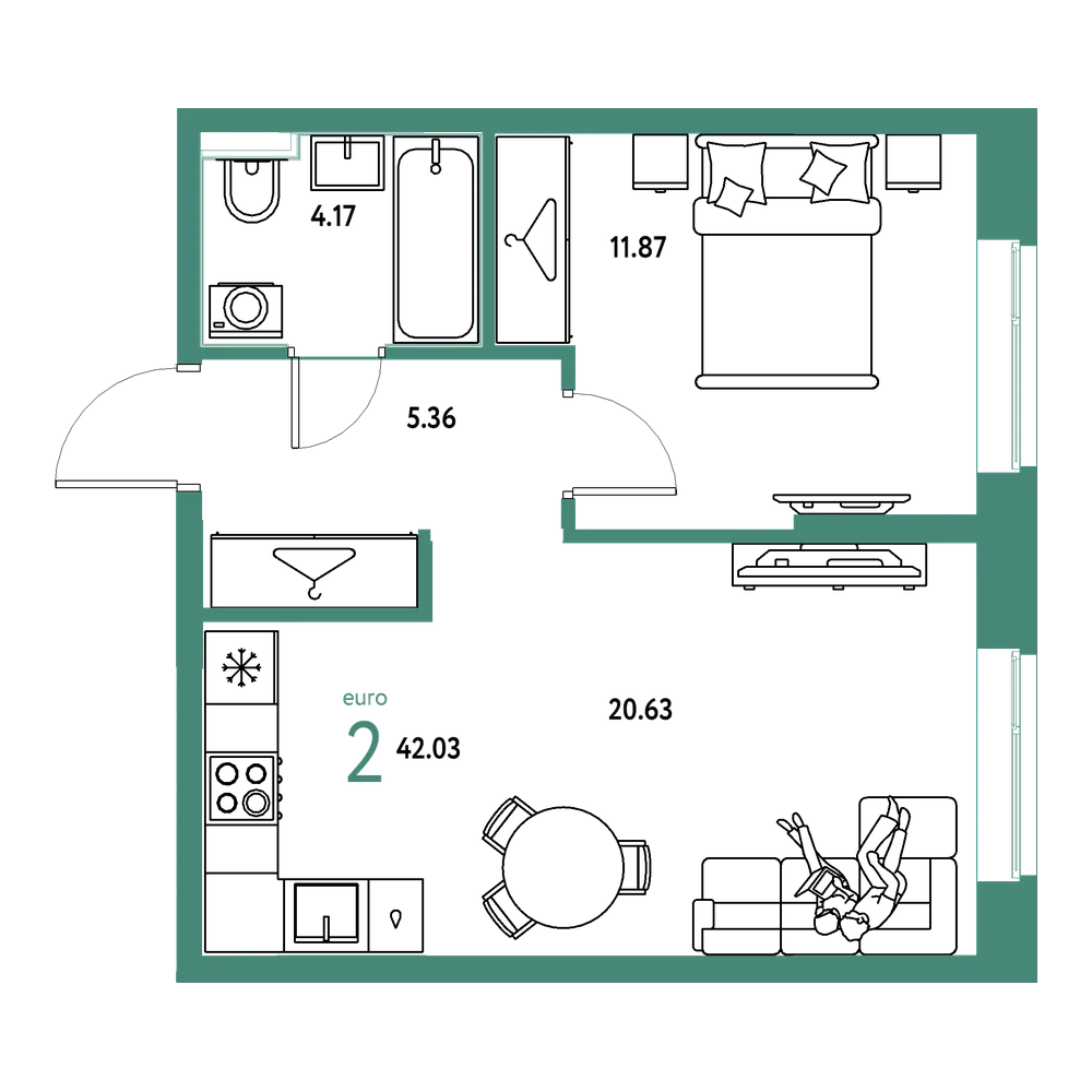 Планировка: Евродвушка 42,03 м²