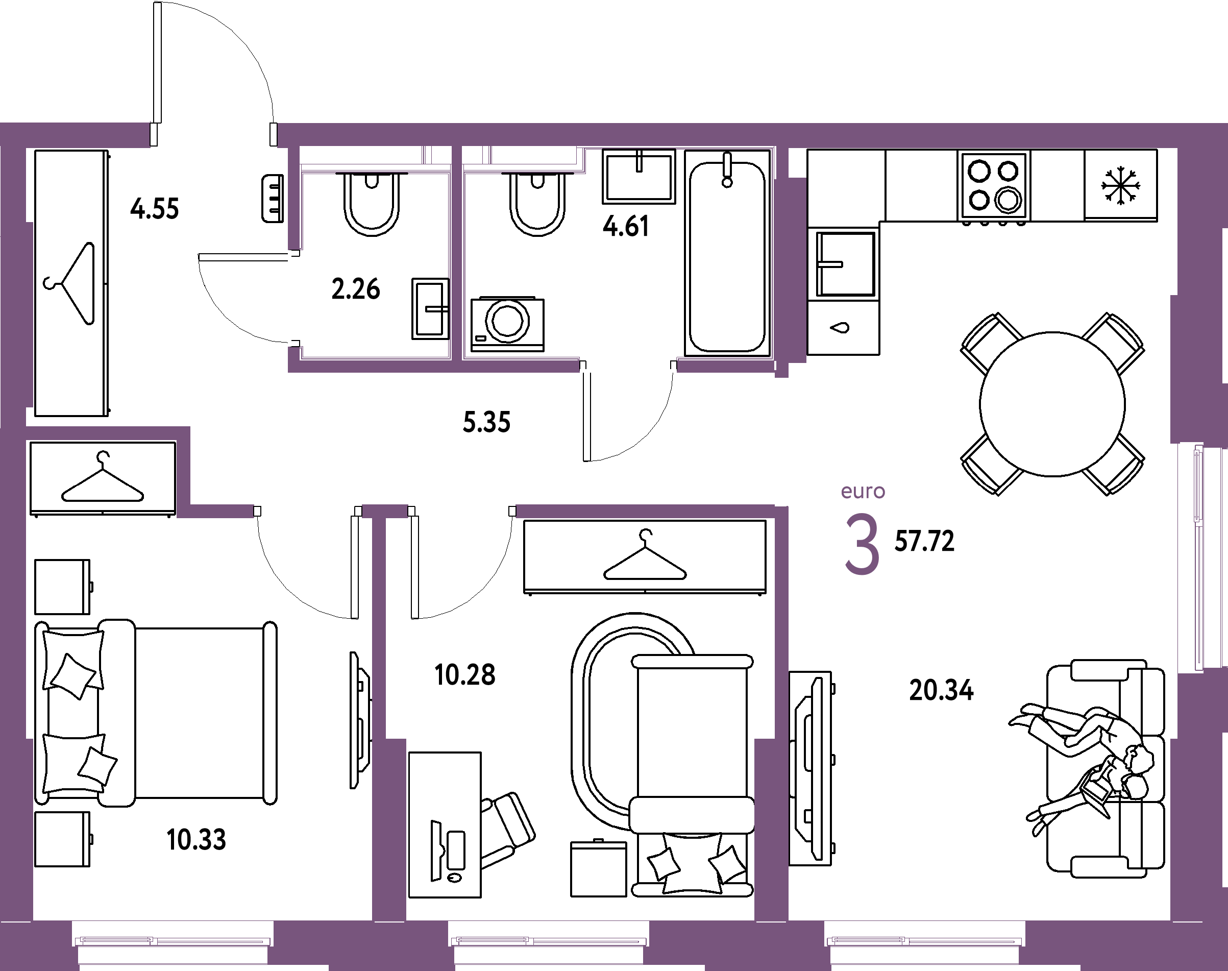 Планировка: Евротрёшка 57,72 м² в ЖК «Европейский берег 2.0»