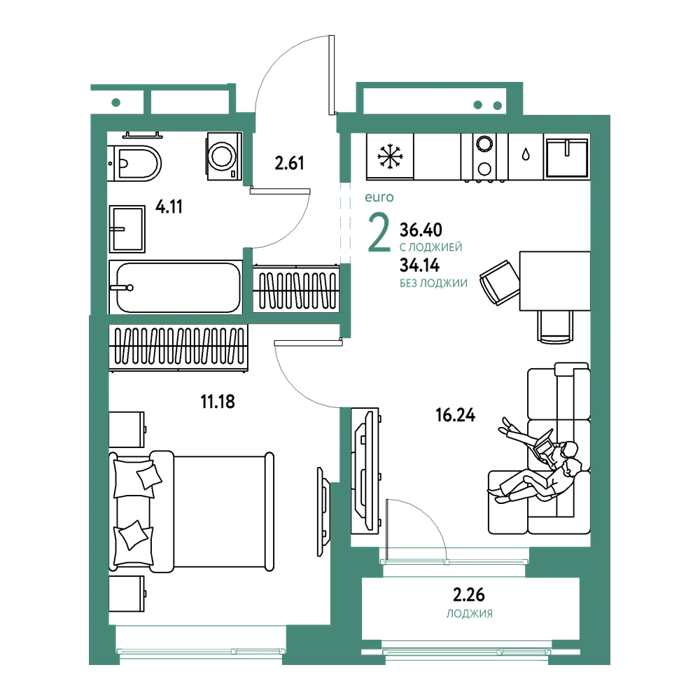 Планировка: Евродвушка 36,4 м²