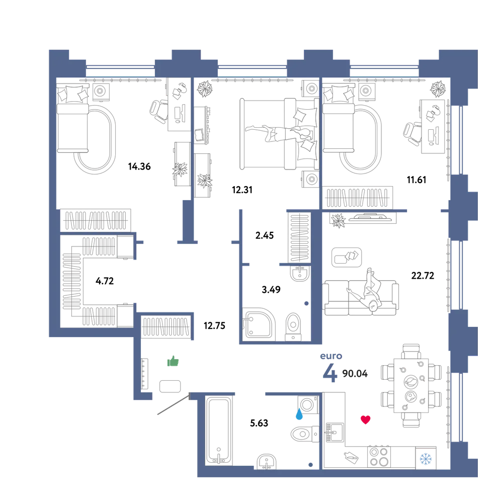 Планировка: Евро-4 90,04 м²