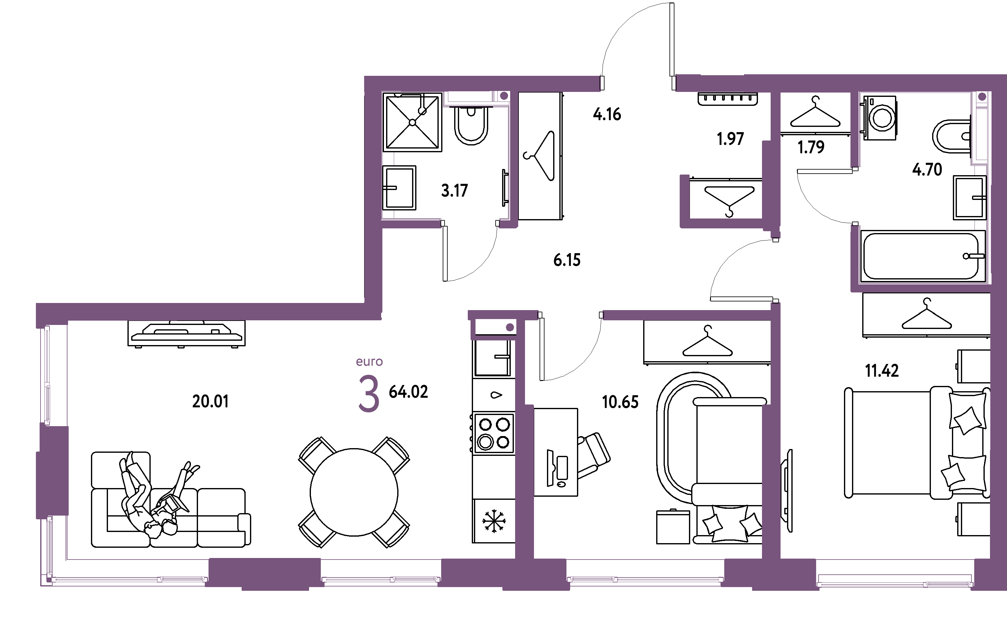 Планировка: Евротрёшка 64,02 м² в ЖК «Страна.Прибрежная»