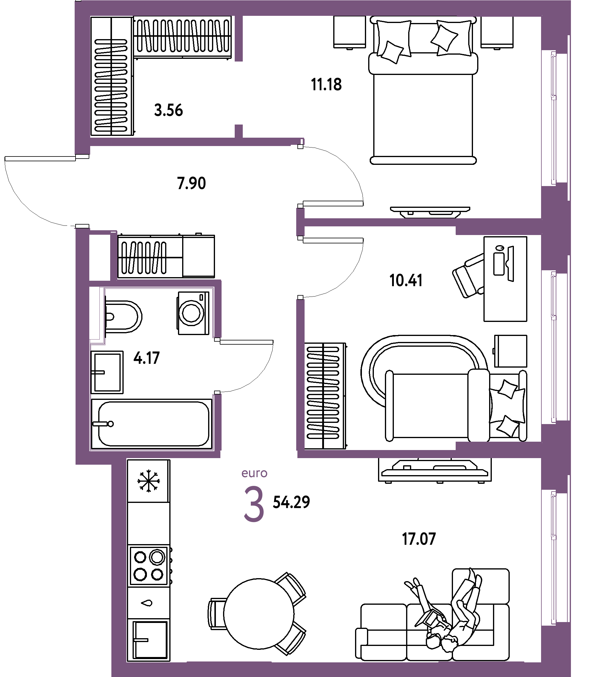Планировка: Евротрёшка 54,29 м² в ЖК «Сердце Сибири»