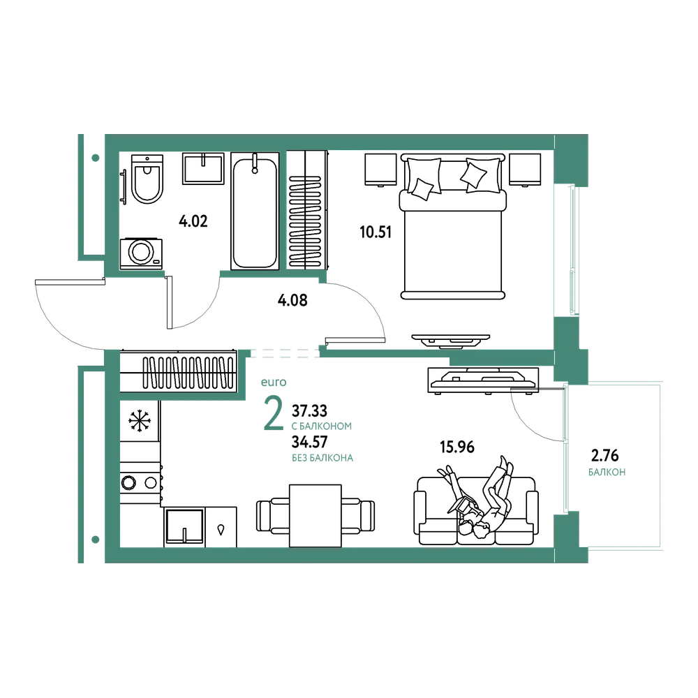 Планировка: Евродвушка 37,33 м²