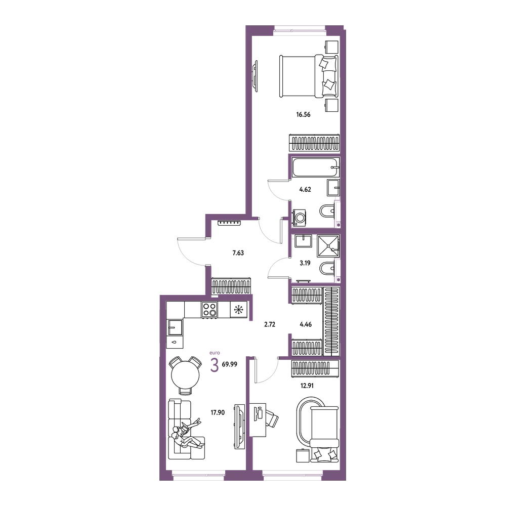 Планировка: Евротрёшка 69,99 м²