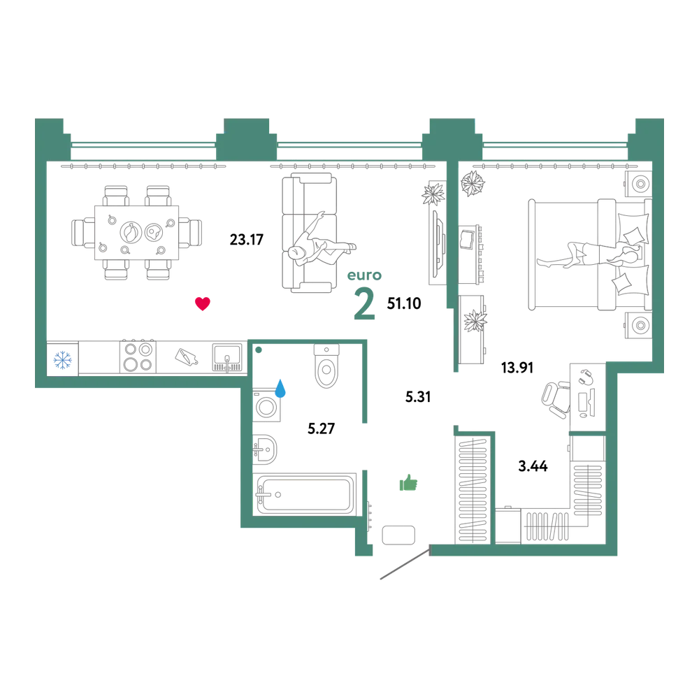 Планировка: Евродвушка 51,1 м²