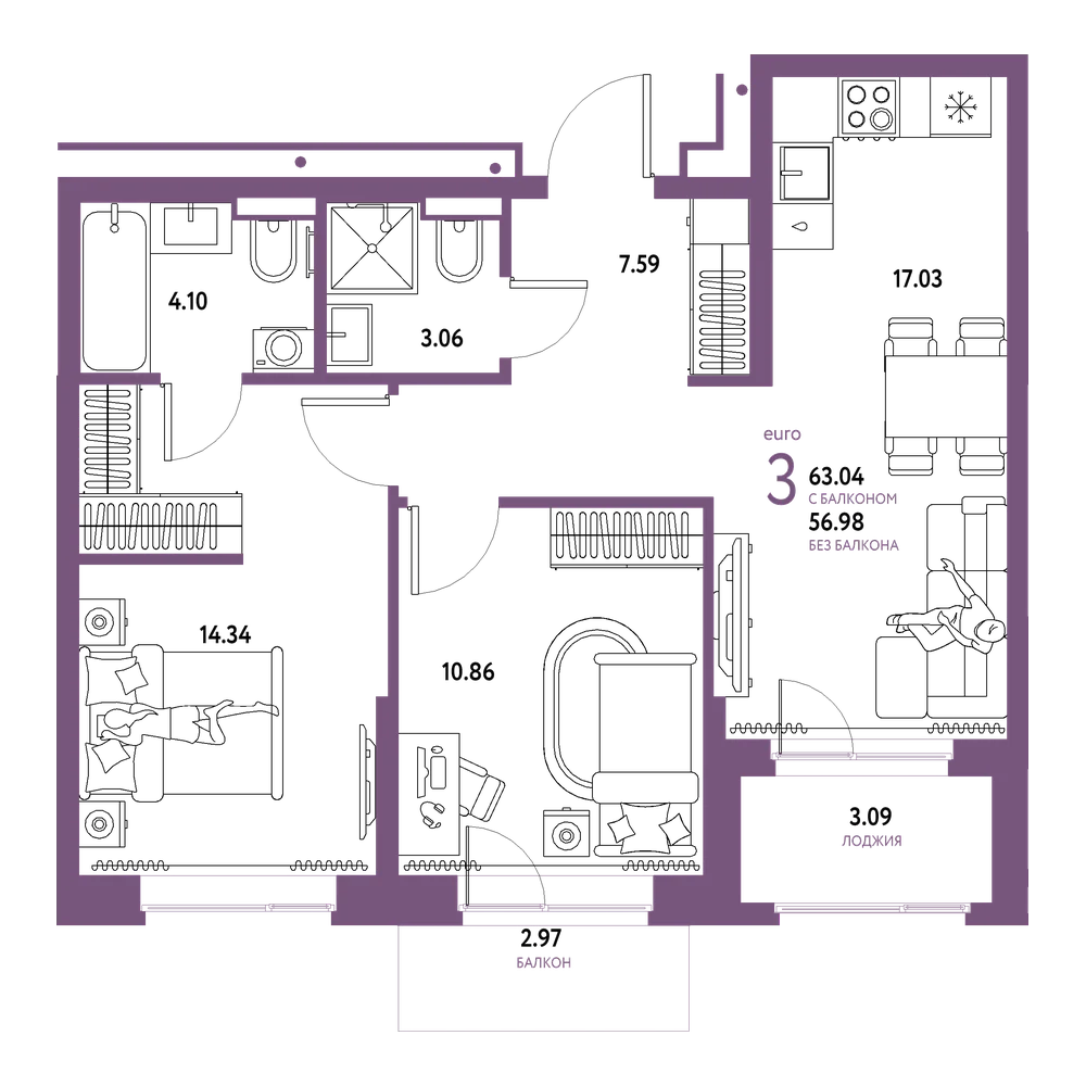 Планировка: Евротрёшка 63,04 м²