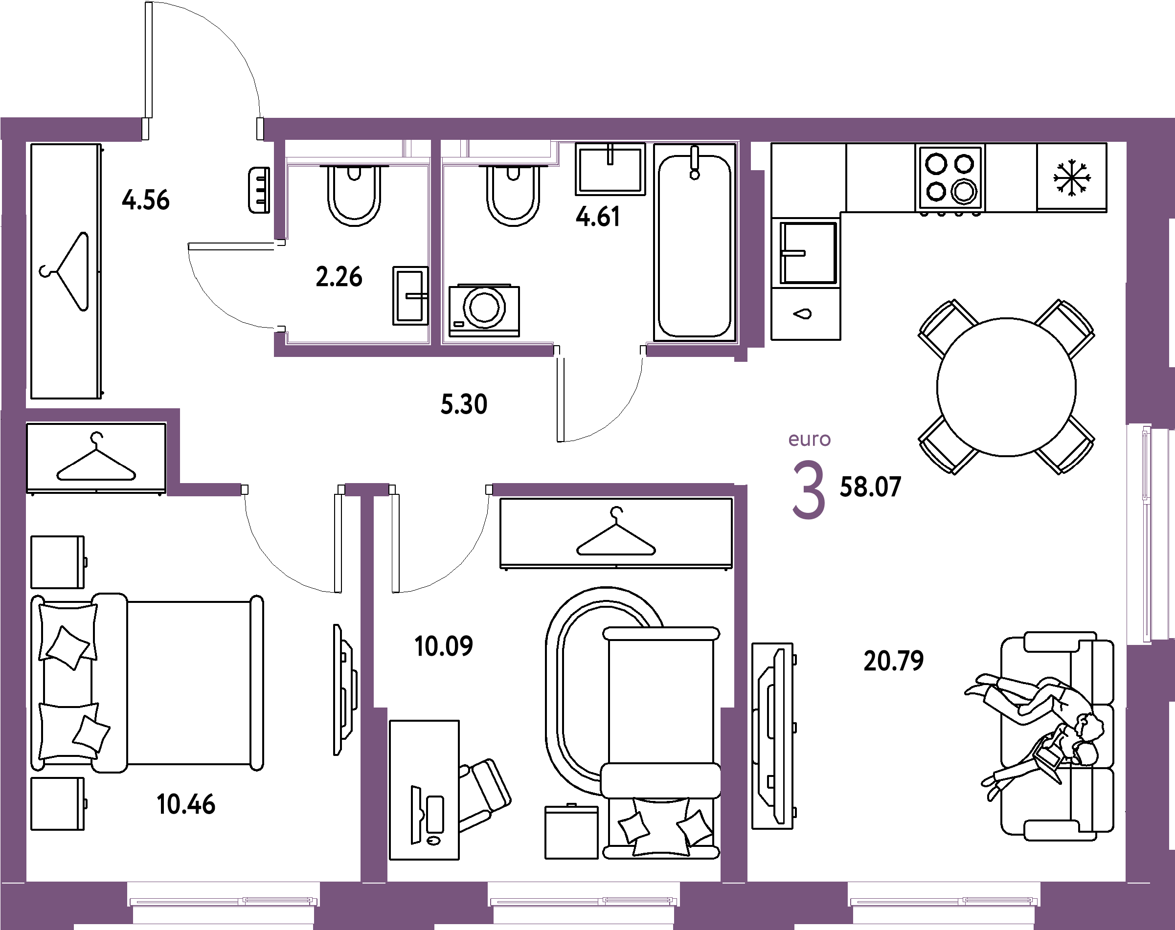 Планировка: Евротрёшка 58,07 м² в ЖК «Европейский берег 2.0»