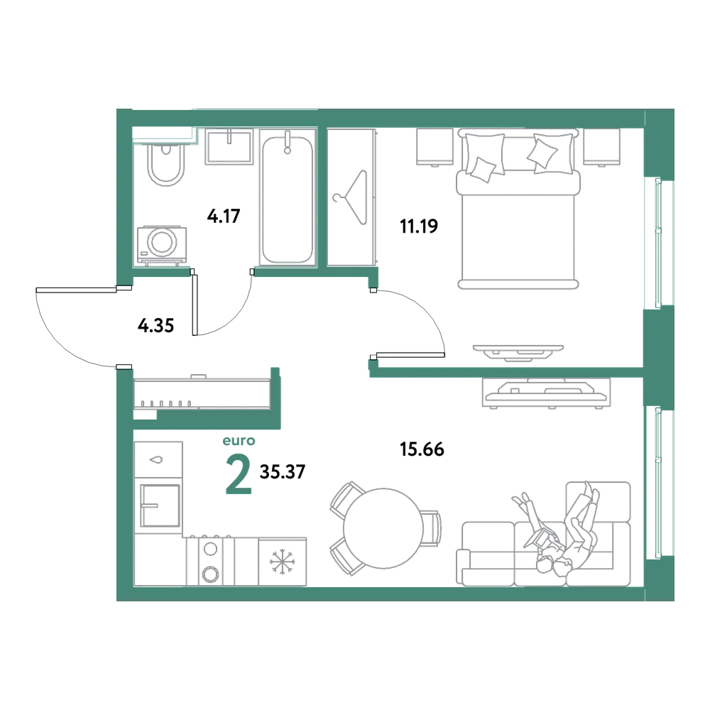 Планировка: Евродвушка 35,37 м²
